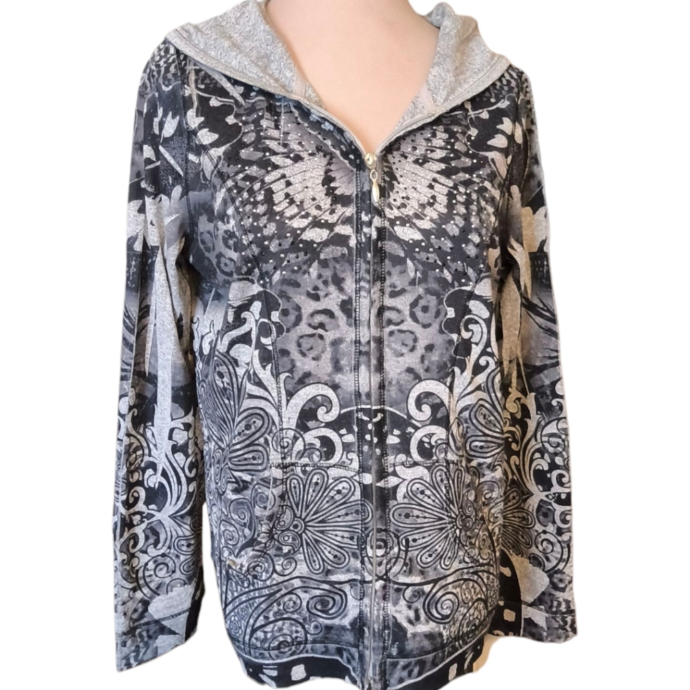 One World Love and Let Live Black and Grey Graphic Zip Hoodie Size Large